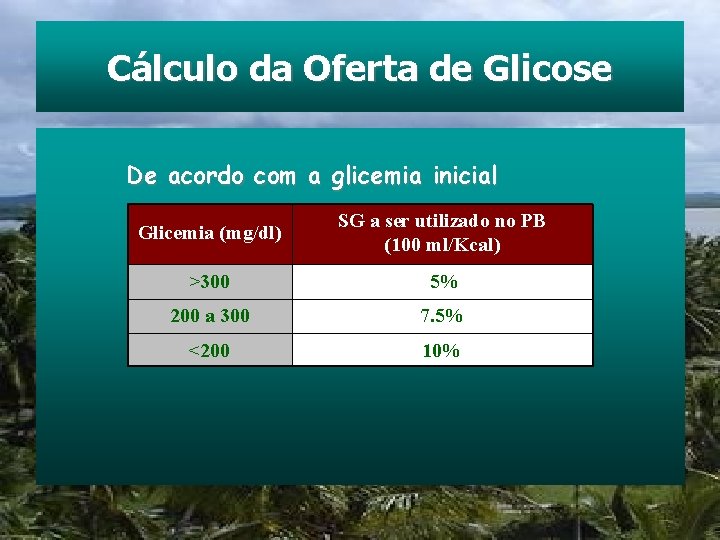 Cálculo da Oferta de Glicose De acordo com a glicemia inicial Glicemia (mg/dl) SG