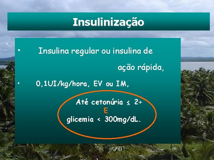 Insulinização • Insulina regular ou insulina de ação rápida, • 0, 1 UI/kg/hora, EV