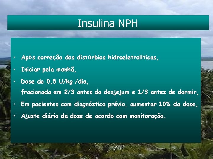 Insulina NPH • Após correção dos distúrbios hidroeletrolíticas, • Iniciar pela manhã, • Dose