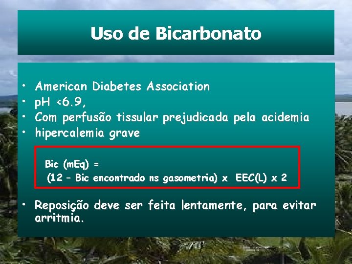 Uso de Bicarbonato • • American Diabetes Association p. H <6. 9, Com perfusão