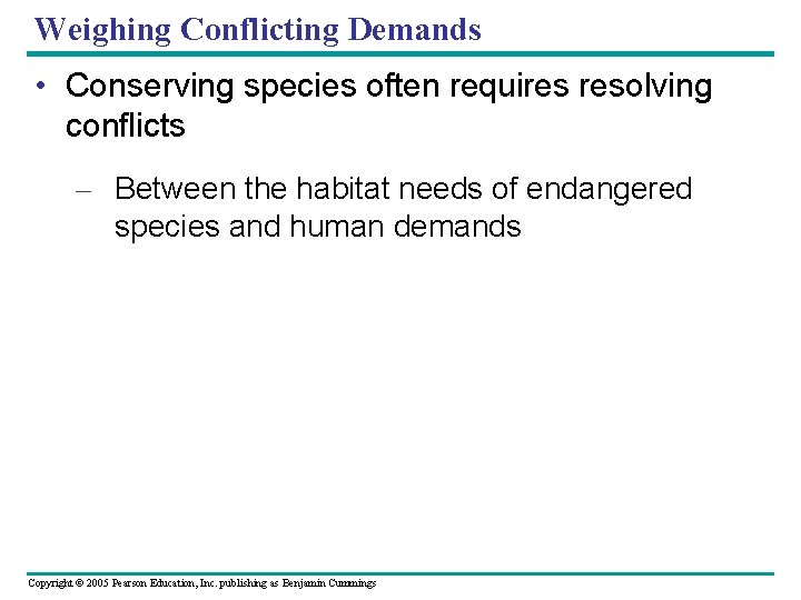 Weighing Conflicting Demands • Conserving species often requires resolving conflicts – Between the habitat
