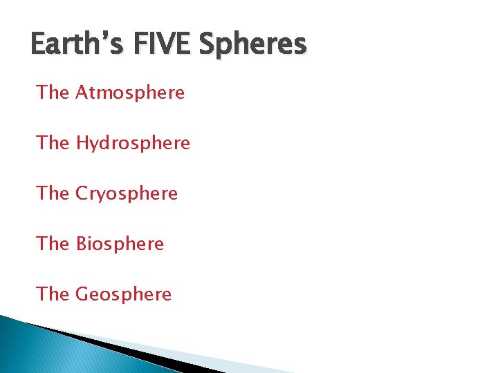 Earth’s FIVE Spheres The Atmosphere The Hydrosphere The Cryosphere The Biosphere The Geosphere 