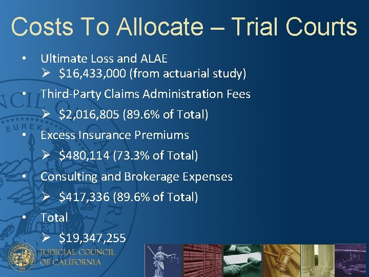 Costs To Allocate – Trial Courts • Ultimate Loss and ALAE Ø $16, 433,