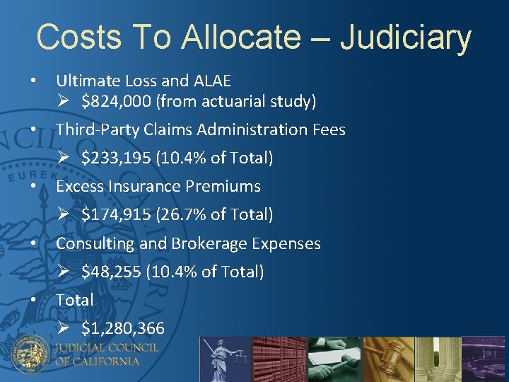 Costs To Allocate – Judiciary • Ultimate Loss and ALAE Ø $824, 000 (from