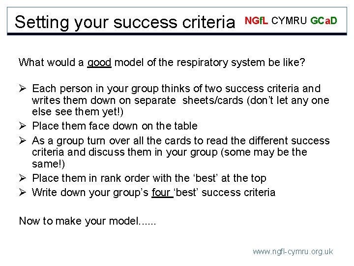 Setting your success criteria NGf. L CYMRU GCa. D What would a good model