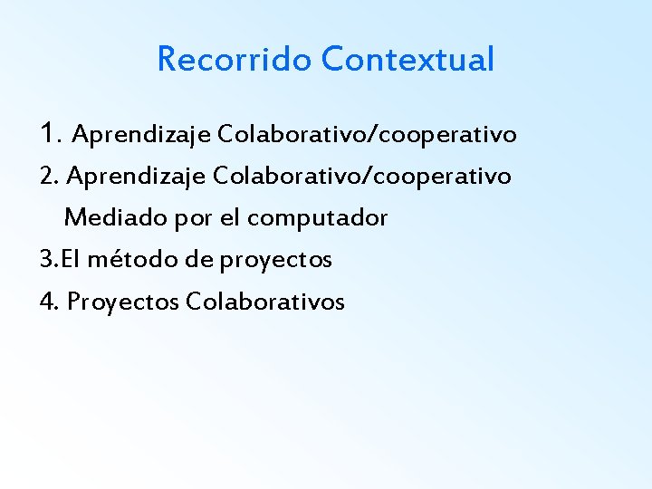 Recorrido Contextual 1. Aprendizaje Colaborativo/cooperativo 2. Aprendizaje Colaborativo/cooperativo Mediado por el computador 3. El