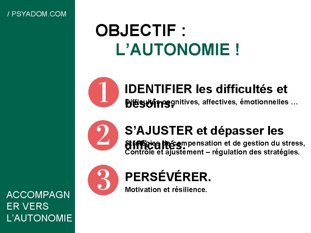 / PSYADOM. COM OBJECTIF : L’AUTONOMIE ! IDENTIFIER les difficultés et Difficultés cognitives, affectives,