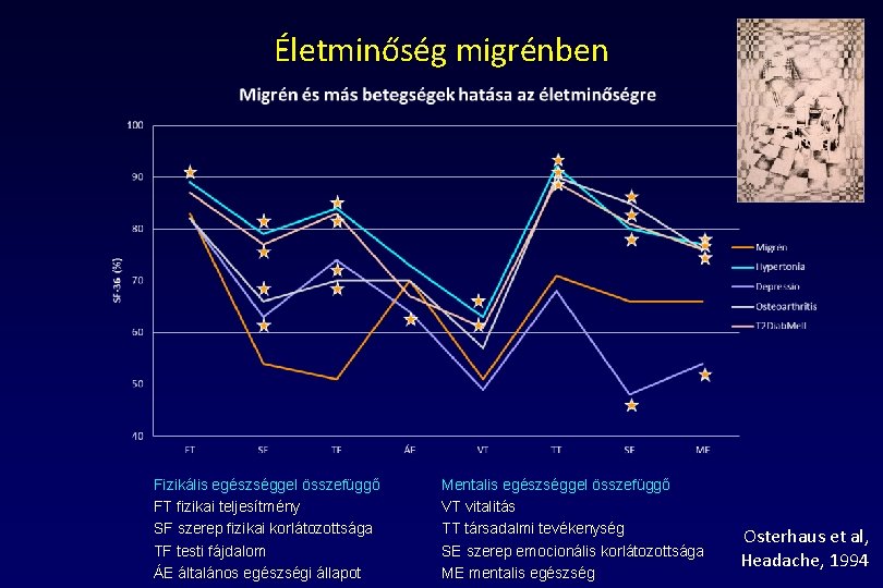 Életminőség migrénben Fizikális egészséggel összefüggő FT fizikai teljesítmény SF szerep fizikai korlátozottsága TF testi