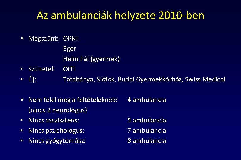 Az ambulanciák helyzete 2010 -ben • Megszűnt: OPNI Eger Heim Pál (gyermek) • Szünetel: