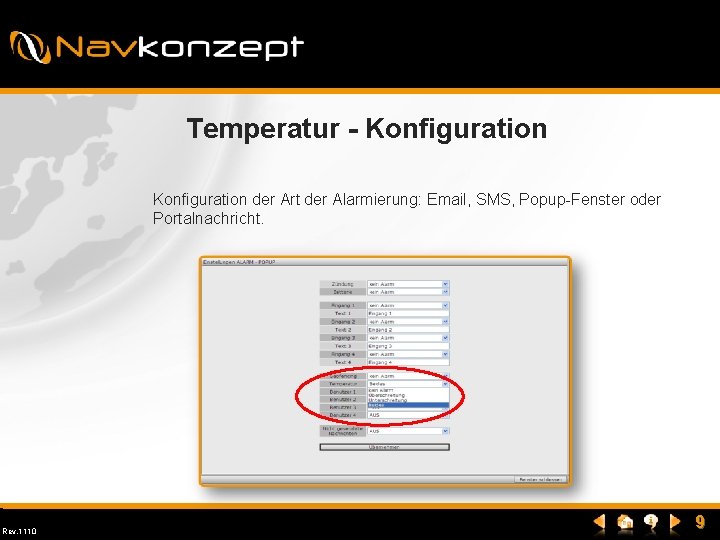 Temperatur - Konfiguration der Art der Alarmierung: Email, SMS, Popup-Fenster oder Portalnachricht. Rev. 1110