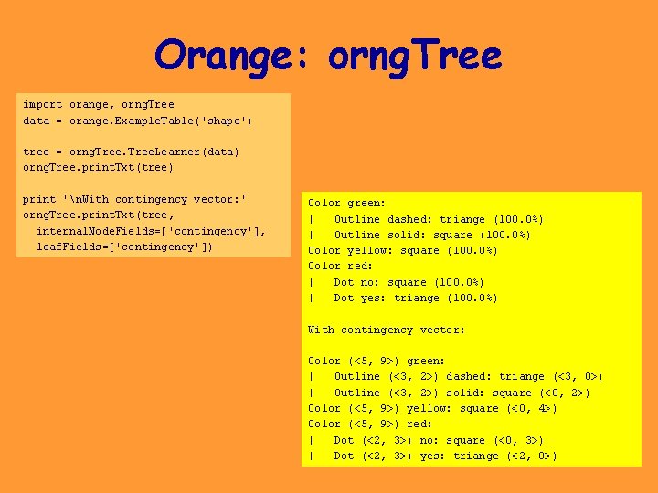 Orange: orng. Tree import orange, orng. Tree data = orange. Example. Table('shape') tree =