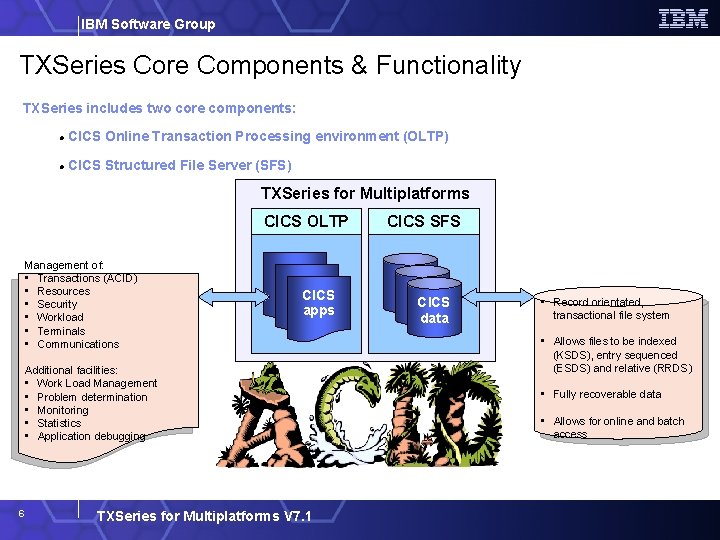 IBM Software Group TXSeries Core Components & Functionality TXSeries includes two core components: CICS