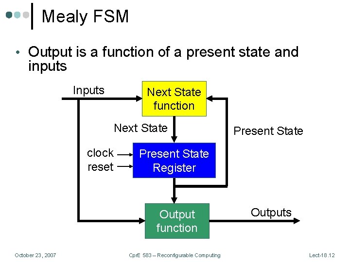 Mealy FSM • Output is a function of a present state and inputs Inputs