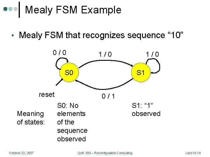 Mealy FSM Example • Mealy FSM that recognizes sequence “ 10” 0/0 1/0 S