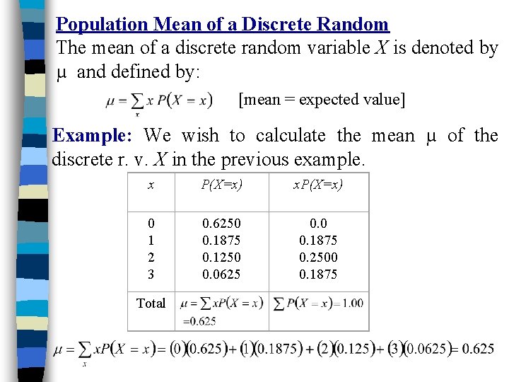 Population Mean of a Discrete Random The mean of a discrete random variable X