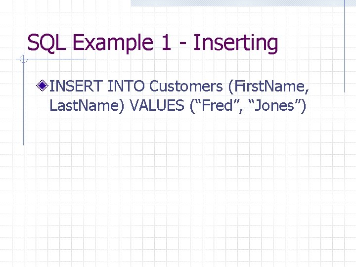 SQL Example 1 - Inserting INSERT INTO Customers (First. Name, Last. Name) VALUES (“Fred”,