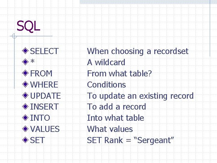 SQL SELECT * FROM WHERE UPDATE INSERT INTO VALUES SET When choosing a recordset