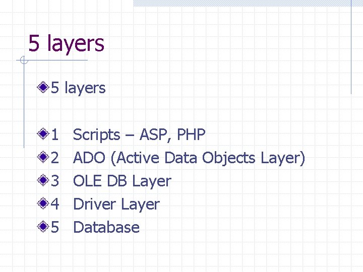 5 layers 1 2 3 4 5 Scripts – ASP, PHP ADO (Active Data