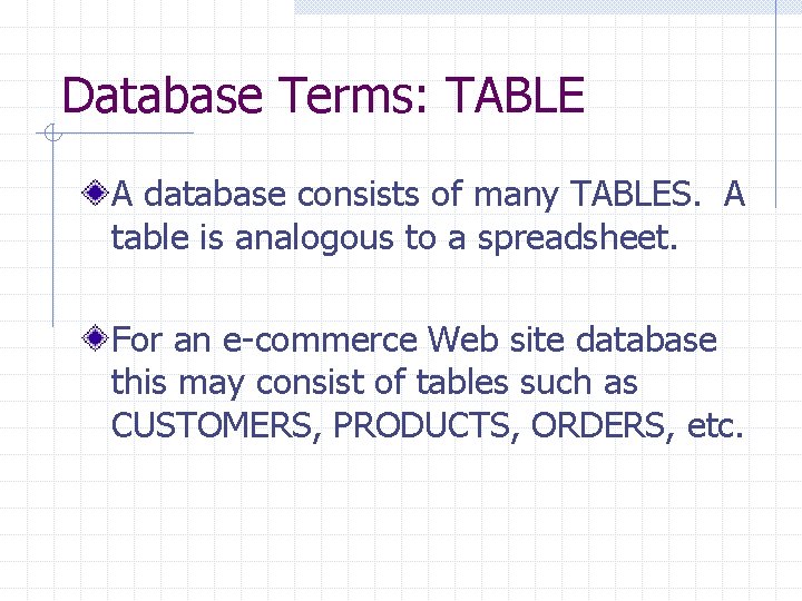 Database Terms: TABLE A database consists of many TABLES. A table is analogous to