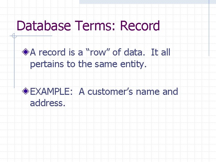 Database Terms: Record A record is a “row” of data. It all pertains to