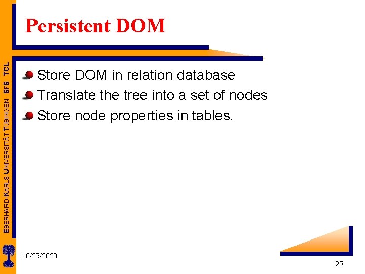 EBERHARD-KARLS-UNIVERSITÄT TÜBINGEN SFS TCL Persistent DOM Store DOM in relation database Translate the tree