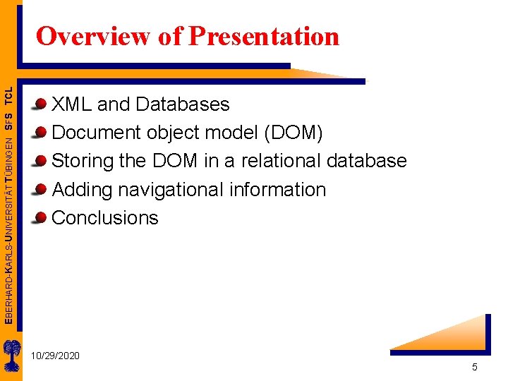 EBERHARD-KARLS-UNIVERSITÄT TÜBINGEN SFS TCL Overview of Presentation XML and Databases Document object model (DOM)