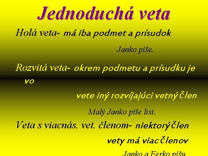 Jednoduchá veta Holá veta- má iba podmet a prísudok Janko píše. Rozvitá veta- okrem