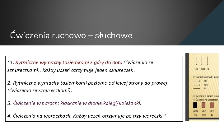 Ćwiczenia ruchowo – słuchowe “ 1. Rytmiczne wymachy tasiemkami z góry do dołu (ćwiczenia