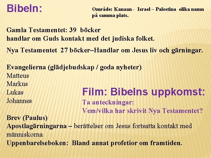 Bibeln: Område: Kanaan - Israel – Palestina olika namn på samma plats. Gamla Testamentet: