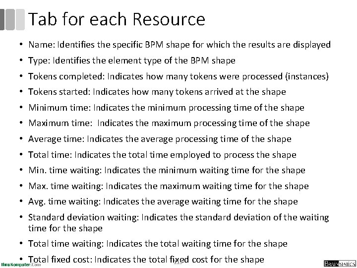 Tab for each Resource • Name: Identifies the specific BPM shape for which the