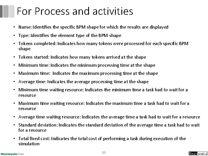 For Process and activities • Name: Identifies the specific BPM shape for which the