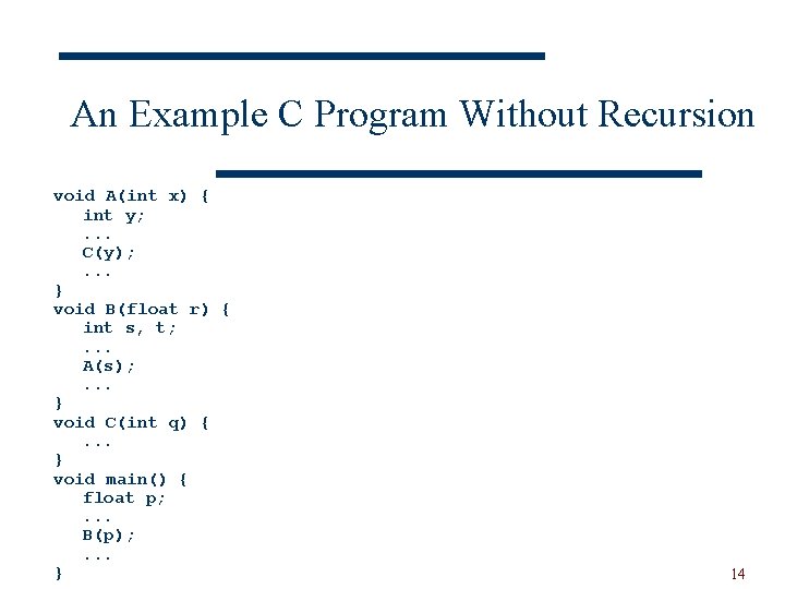 An Example C Program Without Recursion void A(int x) { int y; . .