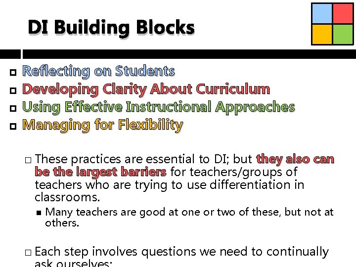 DI Building Blocks Reflecting on Students Developing Clarity About Curriculum Using Effective Instructional Approaches
