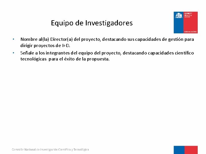 Equipo de Investigadores • • Nombre al(la) Director(a) del proyecto, destacando sus capacidades de