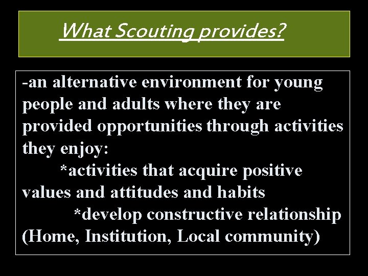 What Scouting provides? -an alternative environment for young people and adults where they are What Scouting provides? -an alternative environment for young people and adults where they are