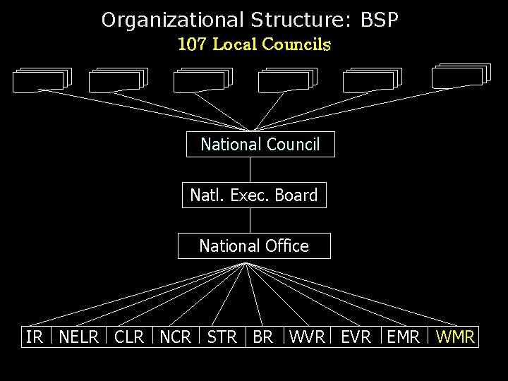 Organizational Structure: BSP 107 Local Councils National Council Natl. Exec. Board National Office IR