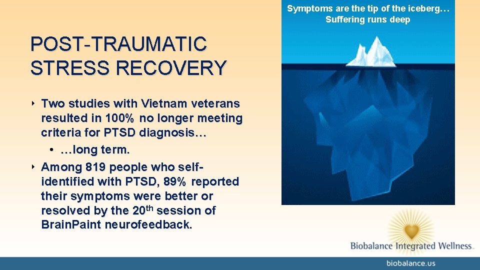 Symptoms are the tip of the iceberg… Suffering runs deep POST-TRAUMATIC STRESS RECOVERY ‣