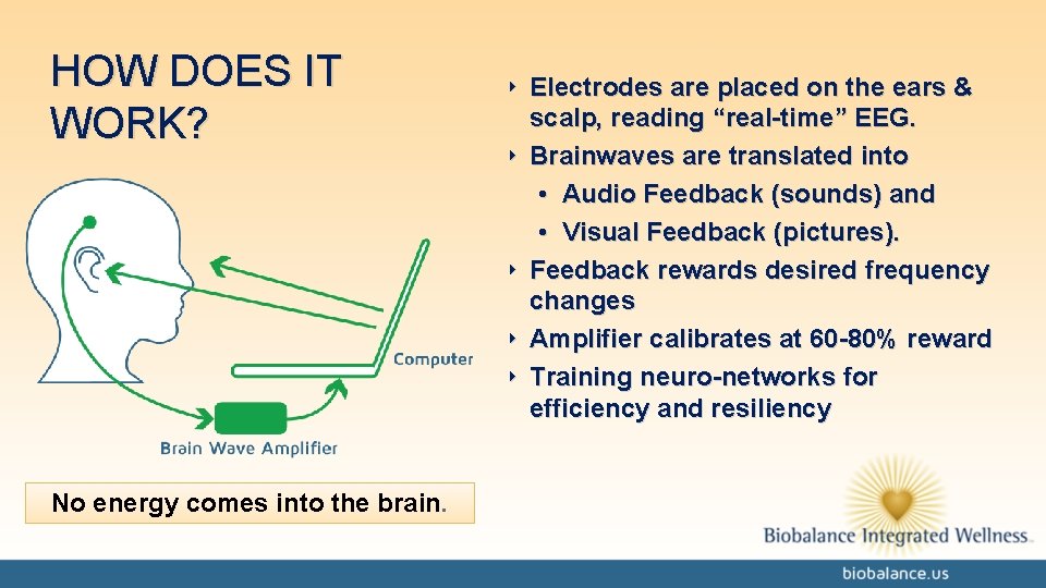 HOW DOES IT WORK? No energy comes into the brain. ‣ Electrodes are placed