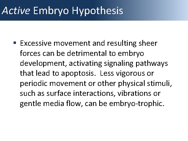 Active Embryo Hypothesis § Excessive movement and resulting sheer forces can be detrimental to