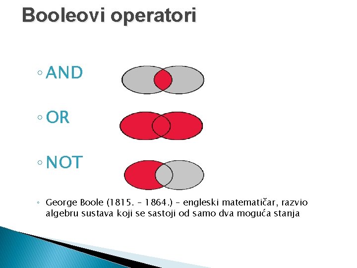 Booleovi operatori ◦ AND ◦ OR ◦ NOT ◦ George Boole (1815. – 1864.