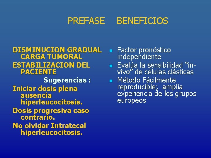 PREFASE DISMINUCION GRADUAL CARGA TUMORAL ESTABILIZACION DEL PACIENTE Sugerencias : Iniciar dosis plena ausencia
