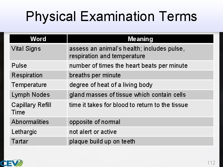 Physical Examination Terms Word Meaning Vital Signs assess an animal’s health; includes pulse, respiration