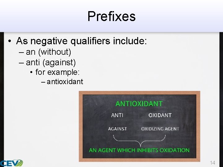 Prefixes • As negative qualifiers include: – an (without) – anti (against) • for