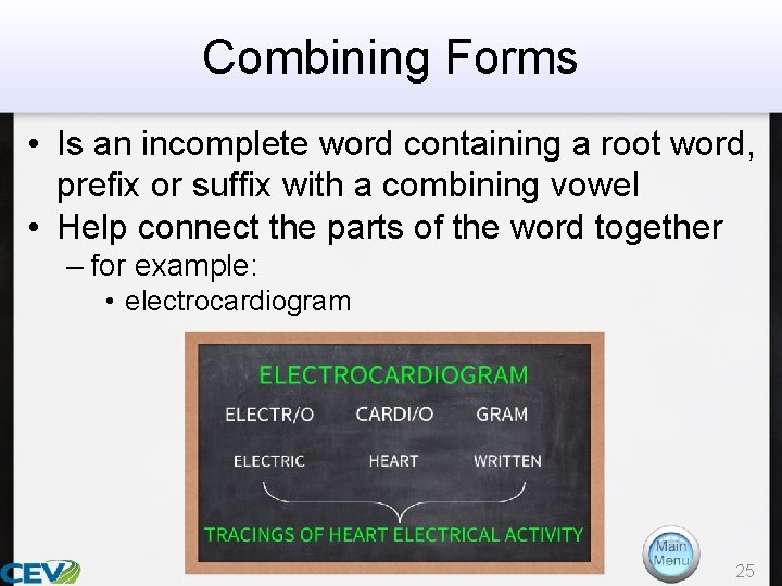 Combining Forms • Is an incomplete word containing a root word, prefix or suffix