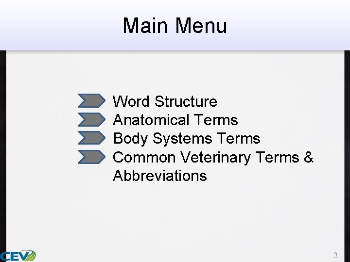 Main Menu • • Word Structure Anatomical Terms Body Systems Terms Common Veterinary Terms