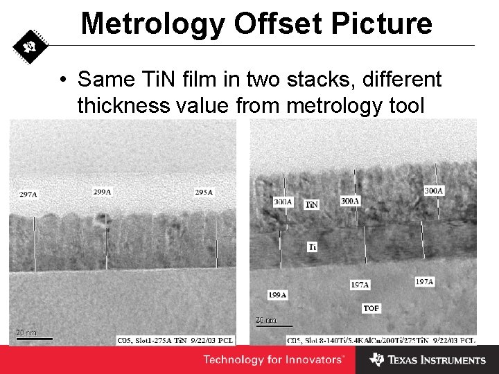 Metrology Offset Picture • Same Ti. N film in two stacks, different thickness value