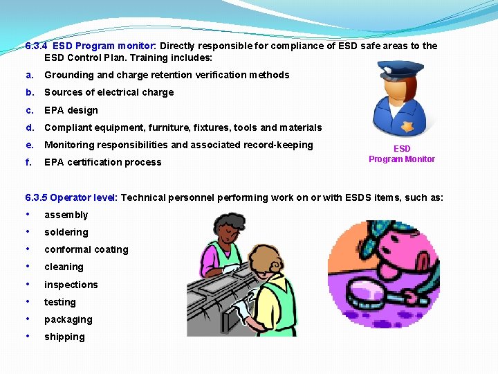 6. 3. 4 ESD Program monitor: Directly responsible for compliance of ESD safe areas 6. 3. 4 ESD Program monitor: Directly responsible for compliance of ESD safe areas