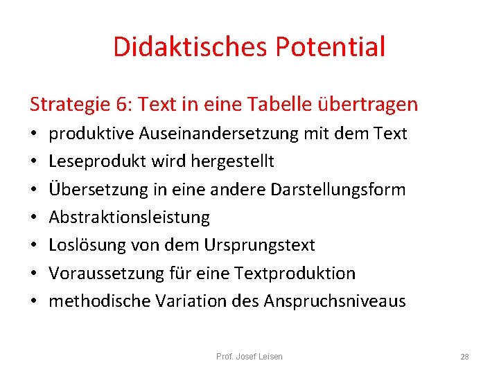 Didaktisches Potential Strategie 6: Text in eine Tabelle übertragen • • produktive Auseinandersetzung mit