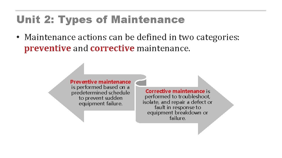 Unit 2: Types of Maintenance • Maintenance actions can be defined in two categories:
