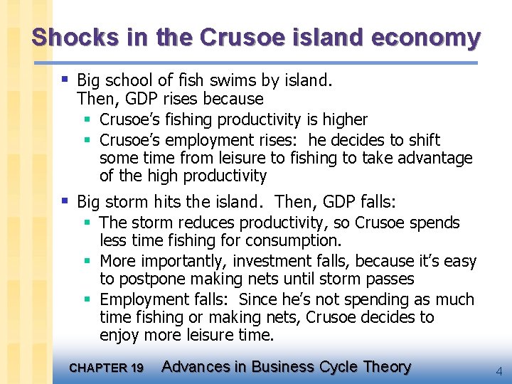 Shocks in the Crusoe island economy § Big school of fish swims by island.
